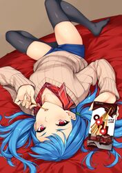  black_thighhighs blue_hair blue_shorts brown_sweater commentary_request female hair_tubes holding jpeg_artifacts long_hair long_sleeves looking_at_viewer lying on_back original plaid plaid_shirt red_eyes shirt shorts solo sugarbeat sweater thighhighs v-neck yukari_(sugarbeat) 