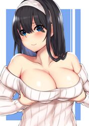  absurdres bare_shoulders black_hair blue_eyes blush breast_hold breasts commentary_request female hairband highres idolmaster idolmaster_cinderella_girls kusahagane large_breasts long_hair looking_at_viewer off-shoulder_sweater off_shoulder ribbed_sweater sagisawa_fumika solo sweater 