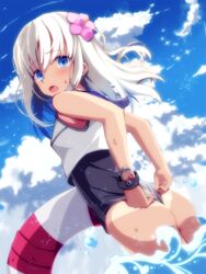  ass blonde_hair blue_eyes cloud commentary_request day female flower hair_flower hair_ornament highres kantai_collection lifebuoy long_hair ro-500_(kancolle) sky solo swim_ring swimsuit tan tanlines tranquillianusmajor water 