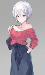  bad_id bad_twitter_id bag bare_shoulders black_eyes blue_pants blush breasts casual cleavage collarbone cowboy_shot earrings female grey_background grey_hair hair_between_eyes hand_in_pocket handbag highres idolmaster idolmaster_cinderella_girls jewelry off-shoulder_sweater off_shoulder pants parted_lips red_sweater shiomi_syuko short_hair simple_background solo sweater tsurime ultone_(neisiss) 