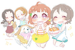  4girls aged_down ahoge birthday_cake black_hair bouquet brown_hair cake canine chibi closed_eyes commentary_request dress flower food fork highres love_live! love_live!_sunshine!! mouth_hold multiple_girls open_mouth orange_hair plate plate_stack red_eyes ruka328 shiitake_(love_live!_sunshine!!) shirt short_hair short_sleeves simple_background skirt sleeveless sleeveless_dress sparkle striped_clothes striped_shirt suspender_skirt suspenders takami_chika takami_mito takami_shima tears twitter_username watanabe_you wavy_mouth white_background yellow_skirt 