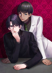  2boys black_hair black_suit blue_eyes commentary_request elbows_on_table formal green_necktie grey_eyes indoors kurakichi36 leaning_forward lee_seung-gil male_focus multiple_boys necktie parted_bangs phichit_chulanont shadow sitting suit table thick_eyebrows wallpaper_(object) white_suit yuri!!!_on_ice 