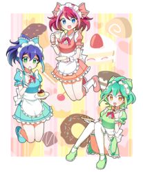  3girls alternate_costume bad_id bad_pixiv_id blue_dress blue_eyes blue_hair bow bracelet_girls cake commentary_request cookie cup cupcake doughnut dress enmaided food green_dress green_eyes green_hair hairbow hiiragi_yuzu joman kneehighs maid multicolored_hair multiple_girls open_mouth orange_eyes pudding rin_(yu-gi-oh!) serena_(yu-gi-oh!) smile socks spoon teacup two-tone_hair utensil_in_mouth yu-gi-oh! yu-gi-oh!_arc-v 