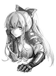  bow breasts cleavage commentary_request female gauntlets granblue_fantasy greyscale hairbow long_hair medium_breasts mintes monochrome ponytail shoulder_pads simple_background solo upper_body vira_(granblue_fantasy) white_background 