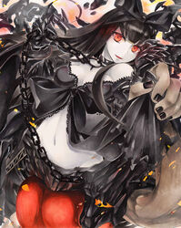  abyssal_ship bare_shoulders black_bow black_hair bow breasts chains choker claws cleavage commentary_request female gauntlets glowing glowing_eyes gothic_lolita hairbow kantai_collection lolita_fashion long_hair looking_at_viewer marker_(medium) medium_breasts navel open_mouth pastel_(medium) red_eyes seaplane_tender_princess smile solo traditional_media very_long_hair yukitsuki_kokoro 