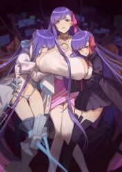  3girls armor bb_(fate) bb_(fate/extra) black_skirt black_thighhighs blush breasts chinese_commentary cleavage commentary_request fate/extra fate/extra_ccc fate/grand_order fate_(series) girl_sandwich grabbing grabbing_another&#039;s_breast greaves hair_ribbon huge_breasts licking_lips long_hair looking_at_viewer meltryllis_(fate) meltryllis_(third_ascension)_(fate) multiple_girls navel passionlip_(fate) passionlip_(third_ascension)_(fate) red_cucumber ribbon sandwiched skirt stomach thighhighs thong tongue tongue_out very_long_hair white_thighhighs 