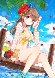  ahoge anklet bad_id bad_pixiv_id bare_legs barefoot bendy_straw bikini bikini_under_clothes bird blue_sky blush bracelet braid breasts brown_hair cherry cleavage cloud cocktail collarbone conch cup day diten drink drinking_glass drinking_straw earrings feet_out_of_frame female floral_print flower food from_side front-tie_bikini_top front-tie_top fruit hair_flower hair_ornament hand_up hibiscus jewelry layered_skirt long_hair long_sleeves looking_at_viewer medium_breasts navel open_clothes open_shirt orange_(fruit) orange_slice original outdoors palm_leaf petals pier print_bikini purple_eyes seashell see-through shell shell_to_ear shiny_skin shirt single_braid sitting skirt sky smile soaking_feet solo sparkle star_(symbol) star_earrings striped_clothes striped_shirt swimsuit water water_drop wine_glass wristband yellow_bikini 