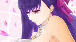  bare_shoulders breasts fate/extra_ccc fate_(series) female female hair_ornament hair_ribbon highres huge_breasts lips long_hair nise_asaki o-ring passion_lip profile purple_eyes purple_hair sad solo upper_body 