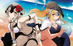  2girls beach bent_over bikini blonde_hair blue_eyes blush breasts brown_eyes cleavage commentary_request day fate/apocrypha fate/grand_order fate_(series) flower hair_flower hair_ornament hand_on_own_hip helmet jeanne_d&#039;arc_(fate) jeanne_d&#039;arc_(ruler)_(fate) jeanne_d&#039;arc_alter_(avenger)_(fate) jeanne_d&#039;arc_alter_(fate) large_breasts long_hair multiple_girls navel ocean outdoors pale_skin ponytail short_hair swimsuit vane_(vane0) white_bikini 