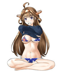  ahoge akito_(pixiv3623507) australian_flag australian_flag_bikini australian_flag_print bad_id bad_pixiv_id barefoot bikini blue_shirt breasts brown_hair clothes_lift double_bun female flag_print full_body hair_bun hairband headgear indian_style kantai_collection kongou_(kancolle) kongou_kai_ni_(kancolle) large_breasts long_hair long_sleeves looking_at_viewer navel print_bikini purple_eyes shirt shirt_lift side-tie_bikini_bottom simple_background sitting smile solo swimsuit union_jack white_background 