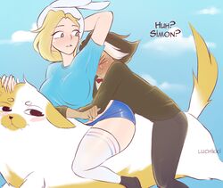  adventure_time adventure_time:_fionna_&amp;_cake artist_name artist_signature blonde_hair blush booty_shorts brown_eyes bunny_hat cake_the_cat cartoon_network fionna_and_cake fionna_campbell fionna_the_human_girl hand_on_head hbo_max holding hugging_from_behind large_breasts long_socks looking_at_another luchikki pale_skin rule63 simon_petrikov sky suit text thick thick_thighs 