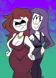  2milfs angry big_breasts brown_hair carmen_(spooky_month) classy classy_female cleavage female female_only happy lila_(spooky_month) milf monamania mother purple_hair red_hair simple_background single_mom smile spooky_month white_skin wide_hips 