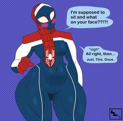          ass big_ass blush blushing_at_viewer bodysuit curvaceous curvy curvy_female curvy_figure dialogue hijab imminent_facesitting lxndxntxwn malala_windsor marvel marvel_comics mask masked spider-man:_across_the_spider-verse spider-man_(series) spider-uk super_suit superheroine tagme thick thick_thighs thin_waist thunder_thighs tomboy wide_hips 