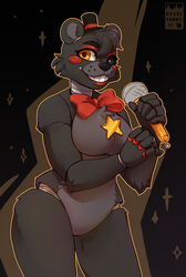  1girls 2021 animatronic anthro bear black_fur bow bowtie ears female five_nights_at_freddy&#039;s fluffy freckles freddy_fazbear&#039;s_pizzeria_simulator fur furry gray_fur grey_fur hat large_breasts large_hips lefty_(fnaf) lipstick machine microphone orange_eyes pixelflare red_cheeks robot rosy_cheeks rule_63 smile star top_hat tophat yellow_eyes 