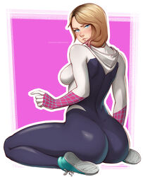  1girls ass back back_view blonde_hair bodysuit clothed eyebrow_piercing feet female female_only fully_clothed gwen_stacy gwen_stacy_(spider-verse) looking_at_viewer mangho marvel marvel_comics sideboob sitting skin_tight solo spider-gwen spider-man_(series) 