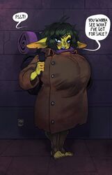  big_breasts breasts female gattles goblin goblin_female huge_breasts merchant solo thick_thighs trenchcoat wide_hips 