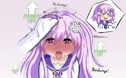  2021 ahe_gao blush compile_heart d-pad_hair_ornament english_text giantess_growth growth headpat heart-shaped_pupils height_growth idea_factory level_up long_hair nepgear neptune_(neptunia) neptunia_(series) purple_eyes purple_hair sailor_uniform short_hair status_effect text tokidokisuiyobi tongue tongue_out 