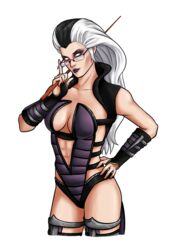  1girls abs big_breasts big_hair cleavage female female_only fully_clothed glasses hand_on_hip holding_object holding_pointer laranico long_hair looking_at_viewer mortal_kombat mortal_kombat_(2011) naughty naughty_smile navel netherrealm_studios pointer pose revealing_clothes sindel solo solo_female two_tone_hair white_and_black_hair 