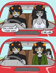  1boy 2girls :3 alien_humanoid angry busty car cleavage comic_page daeartes dark_hair dialogue driving english_text erect_nipples_under_clothes funny glasses grey_body grey_skin homestuck horns in_car karkat_vantas kinda_wholesome large_breasts left_out meme nepeta_leijon non-human not_furry smug switching text transparent_clothing transparent_shirt two_panel_image uncensored vriska_serket white_blouse yellow_eyes 