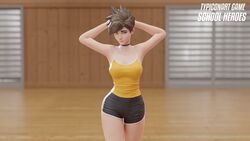  3d 3d_(artwork) big_ass big_breasts blender blender_(software) blender_cycles gym gym_uniform hands_behind_head naughty naughty_face outfit overwatch overwatch_2 pussy shirt shorts smile solo solo_female thighs tracer trainer training typiconart video_games walking 