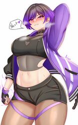  1girls anisdrawn armpits arms_up big_ass big_breasts black_and_purple_hair blush female female_only fully_clothed jacket low-angle_view namco reina_mishima solo sweat sweatdrop talking_to_viewer tekken tekken_8 thick_thighs 