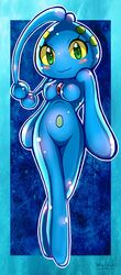  abstract_background anthro artist_name blue_skin blush breasts eyes legs_crossed looking_at_viewer manaphy no_genitals pok&eacute;mon_(species) pokemon small_breasts tokemaru 