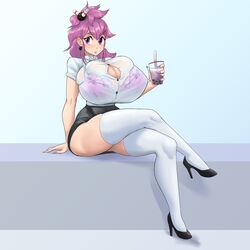  1girls big_breasts boba_tea breasts_bigger_than_head bursting_breasts clueless holding_drink huge_breasts hyper hyper_breasts nightpickle pink_hair see-through see-through_clothing see-through_top solo_female tight_clothing 