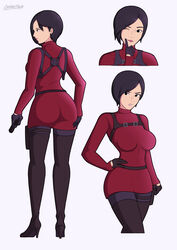  1girls ada_wong asian asian_female ass black_eyes black_hair female gun harness high_heels hourglass_figure lackatask large_breasts resident_evil sweater_dress thigh_boots thigh_strap weapon white_skin wink 