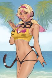  1girls 2023 abs alternate_version_available animal_humanoid bandage bandage_on_tail beach beach_background belly belly_button big_breasts bikini_bottom bikini_pull black_panties blonde_hair breasts brown_skin brown_skinned_female caked_up choker cleavage clothed clothed_female clothes clothing coconut color commission dark-skinned_female dark_skin ear_piercing ear_ring earrings elbow goggles goggles_around_neck grease hair hair_ornament hairband hairclip hi_res high_resolution highres huge_breasts humanoid indie_virtual_youtuber kokonuts large_breasts looking_at_viewer mascot mechanical_arm micro_bikini_bottom mintteal mole_on_breast monkey monkey_girl monkey_tail multicolored_hair neckwear ocean painted_nails palm_tree panty_pull panty_straps pierced_ears piercing piercings pink_eyes pink_hair pink_highlights pink_nail_polish pink_nails pulling_panties sideboob solo solo_female solo_focus stain stained_clothes stripes summer tail tanned tanned_female tanned_girl tanned_skin teeth thighs toned toned_body toned_female toned_stomach twintails two_tone_hair virtual_youtuber vtuber wakipai ych ych_result yellow_hair yellow_topwear 