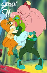  2023 ?! absurd_res absurdres amphibian anthro blue_eyeshadow breasts clothed clothing detailed_background digital_drawing_(artwork) digital_media_(artwork) don_bluth duo exposed_shoulder eyes_closed eyeshadow fairy_tales female female/female female_on_anthro female_on_human forced_kiss frog green_body green_skin hair hans_christian_andersen hi_res human human_on_anthro interspecies kiss_on_lips kissing kissing_fetish kissing_sound_effect lips lipstick literature makeup mammal moisesgrafic monster_girl mrs._toad onomatopoeia orange_hair pink_hair pink_lips pink_lipstick public_domain sound_effects surprise_kiss tan_body tan_skin text thick_lips thumbelina_(1994_film) thumbelina_(character) thumbelina_(movie) toad_(frog) 