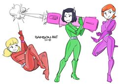  2010s 2018 3_bodysuits 3girls aged_up bazooka ben_10 big_breasts black_hair blonde_female blonde_hair blonde_hair_female bodysuit cosplay crossover female female_only green_bodysuit gwen_tennyson inspector_gadget jackie_chan_adventures jade_chan light-skinned_female normal_breasts penny_gadget perky_breasts pink_bodysuit pointy_breasts red_bodysuit red_hair samson_00 short_hair small_breasts totally_spies twintails white_skin whoops 