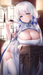  azur_lane blue_butterfly blue_eyes breasts bug bursting_breasts butterfly butterfly_hair_ornament china_dress chinese_clothes cleavage cleavage_cutout clothing_cutout dress female folded_fan folding_fan garter_straps hair_ornament hand_fan highres holding holding_fan huge_breasts illustrious_(azur_lane) illustrious_(maiden_lily&#039;s_radiance)_(azur_lane) indoors lattice leaning_forward looking_at_viewer mole mole_under_eye official_alternate_costume oyuwari panties round_window see-through skindentation solo stool thighhighs tri_tails underwear white_dress white_hair white_panties white_thighhighs window 