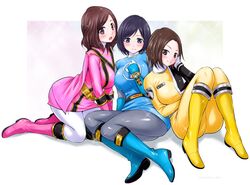  abe_tsukumo animification ass blush bodysuit breasts brown_eyes brown_hair closed_mouth commentary_request dekayellow gloves highres hurricane_blue large_breasts legs looking_at_viewer magipink mahou_sentai_magiranger medium_hair multiple_girls ninpuu_sentai_hurricanger no_headwear nono_nanami open_mouth ozu_houka reimon_marika sentai shiny_clothes short_hair sitting skin_tight smile super_sentai tokusou_sentai_dekaranger 