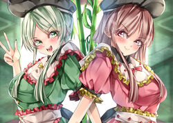  2girls absurdres bamboo black_headwear blush breasts brown_hair closed_mouth commentary_request dress frilled_shirt_collar frilled_sleeves frills green_dress green_eyes green_hair green_nails hat highres leaf long_hair looking_at_viewer mahoro_(minase_mahoro) medium_breasts multiple_girls nail_polish nishida_satono open_mouth pink_dress pink_eyes puffy_short_sleeves puffy_sleeves short_sleeves shoulder-to-shoulder smile tate_eboshi teeth teireida_mai touhou upper_body upper_teeth_only v-shaped_eyebrows 