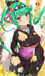  absurdres blush breasts female green_eyes green_hair highres japanese_clothes kiiro_kimi kimono large_breasts new_year pneuma_(xenoblade) ponytail solo spoilers xenoblade_chronicles_(series) xenoblade_chronicles_2 