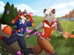  adjusting_hat adventure adventurer american_opossum anthro canid canine clothing duo ferox_(feroxdoon) fox generation_1_pokemon gengar grass hat headgear headwear male mammal marsupial nintendo piercing plant pokeball pokemon pokemon_(species) pokemon_center pokemon_trainer recurrent red_fox running satchel smile tall_grass trainer travel true_fox virginia_opossum vulpix xander_(feroxdoon) 