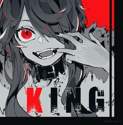  black_collar black_nails collar commentary fangs female fur_trim grey_hair highres king_(vocaloid) limited_palette looking_at_viewer mouth_pull nanora_(sero4) open_mouth portrait red_background red_eyes short_hair_with_long_locks sidelocks slit_pupils smile solo 