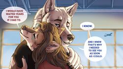  2021 aircraft airplane airport anthro canid canine canis closed_eyes clothing dialogue duo echo_(echoic) english_text female hi_res hug inside male male/female mammal marjani smile speech_bubble text vehicle whitefang_greytail wolf 