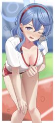  ;o absurdres ako_(blue_archive) ako_(track)_(blue_archive) blue_archive blue_eyes blue_hair blurry blurry_background breasts cleavage commentary english_commentary feet_out_of_frame female gym_shirt haerge hairband halo hand_on_own_knee highres leaning_forward looking_at_viewer medium_breasts official_alternate_costume one_eye_closed outdoors red_hairband red_shorts running_track shirt short_shorts short_sleeves shorts solo steaming_body sweatdrop thigh_gap 