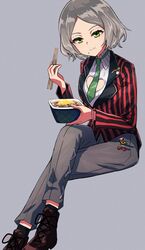  bowl brown_footwear chopsticks closed_mouth clothing_cutout collared_shirt cross-laced_footwear crossed_legs denonbu female food food_on_face full_body green_eyes green_necktie grey_background grey_hair grey_pants haijima_ginka hand_up heart_cutout highres holding holding_bowl holding_chopsticks holding_food jacket long_sleeves looking_at_viewer necktie pants red_jacket shirt shoes short_hair simple_background sitting smile solo striped_clothes striped_jacket wanowanoji67 white_shirt 