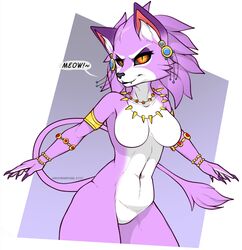  anthro belladonna_(trials_of_mana) black_sclera bracelet breasts ear_piercing ear_ring featureless_breasts featureless_crotch felid feline female fur fur_pattern hi_res jewelry looking_at_viewer mammal mashakseh meow navel necklace orange_eyes piercing pupils purple_body purple_fur ring_piercing simple_background slit_pupils solo tail tail_tuft trials_of_mana tuft white_body white_fur 