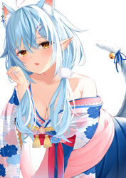  absurdres ahoge all_fours animal_ears bare_shoulders bell blue_hair blue_hakama blue_nails blue_ribbon blue_tail breasts brown_eyes cat_ears cat_girl cat_tail cleavage collarbone commentary_request female floral_print hakama hakama_skirt hand_up highres hikashou hololive japanese_clothes jingle_bell kemonomimi_mode kimono long_hair medium_breasts multicolored_hair nail_polish off_shoulder official_alternate_hairstyle paw_pose pointy_ears print_kimono ribbon skirt solo streaked_hair tail tail_bell tail_ornament tail_raised tail_ribbon virtual_youtuber white_kimono yukihana_lamy yukihana_lamy_(new_year) 