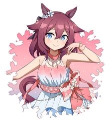  absurdres animal_ears bare_shoulders blue_eyes blush bow breasts brown_hair closed_mouth dress female gloves hair_between_eyes hand_up highres horse_ears horse_girl horse_tail jewelry looking_at_viewer medium_hair necklace pink_bow pink_gloves sakura_chiyono_o_(fleur_enneigee)_(umamusume) sakura_chiyono_o_(umamusume) sha_(siasha0104) sleeveless sleeveless_dress small_breasts smile solo tail umamusume upper_body 