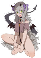  bad_id bad_twitter_id barefoot blush bottomless bow breasts butterfly_sitting collar curly_hair demon_girl demon_horns demon_tail demon_wings female full_body green_eyes grey_hair hair_between_eyes hairbow hands_on_feet horns long_hair looking_at_viewer navel off_shoulder original ponytail purple_bow simple_background sitting solo tail tajima_ryuushi tongue tongue_out very_long_hair white_background wings 