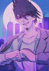  1boy artist_name beard black_hair blush building collarbone commentary danganronpa_(series) danganronpa_v3:_killing_harmony facial_hair goatee grin hair_between_eyes jacket long_sleeves looking_at_viewer male_focus missarilicious momota_kaito moon night night_sky open_clothes open_shirt purple_theme shirt short_hair sky skyscraper smile solo spiked_hair star_(sky) starry_sky teeth upper_body 