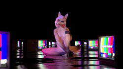  16:9 3d_(artwork) anthro black_body black_fur breasts canid canine canis claws digital_media_(artwork) dipstick_tail electronics english_text female fox fur gloves_(marking) hair impreza leg_markings looking_at_viewer mammal markings nude outside pink_hair simple_background sitting snout socks_(marking) solo tail tail_markings tan_body tan_fur television text tridognait tv_test_pattern white_body white_fur white_hair widescreen 