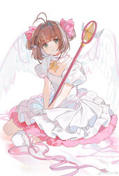  absurdres antenna_hair benyue_xiao_kui bow bridal_garter brown_hair cardcaptor_sakura choker collarbone dress feathered_wings female frilled_choker frilled_dress frills full_body green_eyes hair_intakes hairbow highres holding holding_wand hoshi_no_tsue kinomoto_sakura looking_at_viewer pink_bow pink_ribbon puffy_short_sleeves puffy_sleeves ribbon seiza short_hair short_sleeves short_twintails simple_background single_thighhigh sitting smile solo star_(symbol) thighhighs twintails v_arms wand weibo_logo weibo_watermark white_background white_dress white_thighhighs white_wings wings 