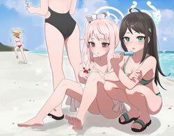  4girls absurdres after-school_sweets_club_(blue_archive) ahoge airi_(blue_archive) alternate_costume ass barefoot beach bikini black_one-piece_swimsuit blonde_hair blue_archive blue_sky brown_hair casual_one-piece_swimsuit cloud commentary_request crab double_popsicle feet food food-themed_hair_ornament full_body green_bikini green_eyes hair_ornament halo head_out_of_frame highres ice_cream_hair_ornament kazusa_(blue_archive) knees_up long_hair looking_at_another looking_at_viewer medium_hair momocadraw multiple_girls natsu_(blue_archive) ocean one-piece_swimsuit pink_eyes pink_hair popsicle red_bikini running sand sandals sarong side_ponytail sitting sky soles sparkle squatting standing swimsuit thighs toes unequal_popsicle_division water white_bikini yoshimi_(blue_archive) 