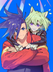  2boys androgynous animal_ears asymmetrical_hair blue_background blue_eyes blue_hair cat_boy cat_ears clenched_teeth crossed_arms firefighter_jacket galo_thymos green_hair highres hug hug_from_behind jacket lio_fotia looking_at_viewer male_focus mohawk multiple_boys promare purple_eyes red_jacket rice_(rice8p) short_hair sidecut sidelocks teeth undercut 