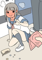  :&gt; blush brown_hair coin commentary condom condom_wrapper ear_blush embarrassed female full-face_blush juukyuu on_one_knee original school_uniform serafuku shoes socks solid_circle_eyes solo_focus sweatdrop uwabaki wallet women&#039;s_wallet 